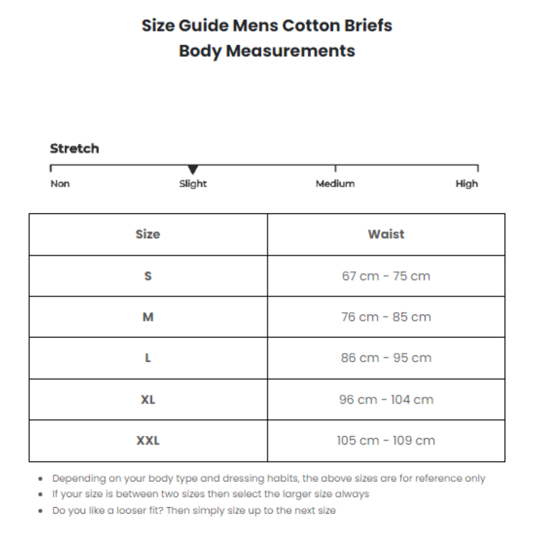 Size chart for Frank and Beans mens briefs, sizes Small to 2XLarge