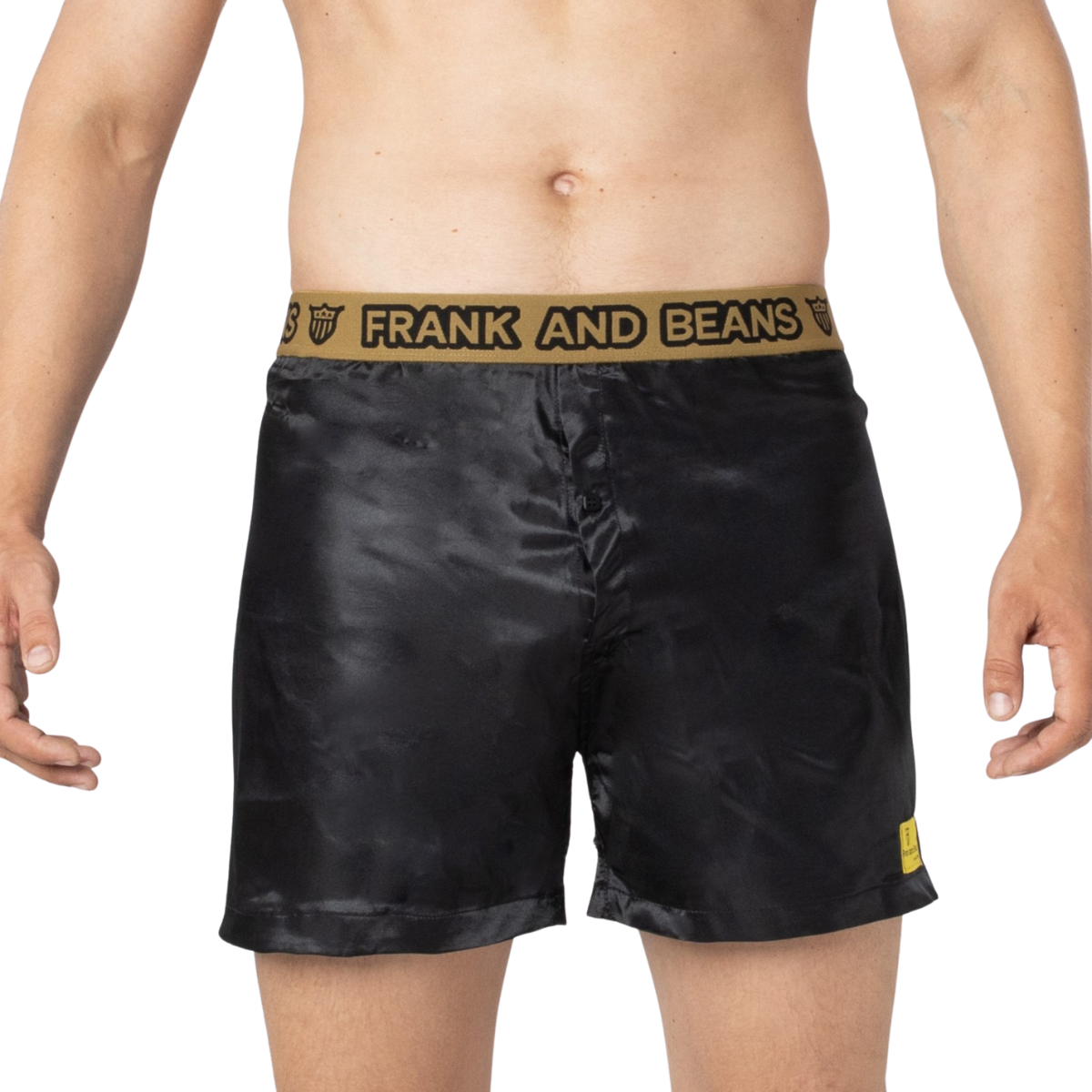 6 Pack Black Frank and Beans Underwear Mens Satin Boxer Shorts - Gold Waistband men front