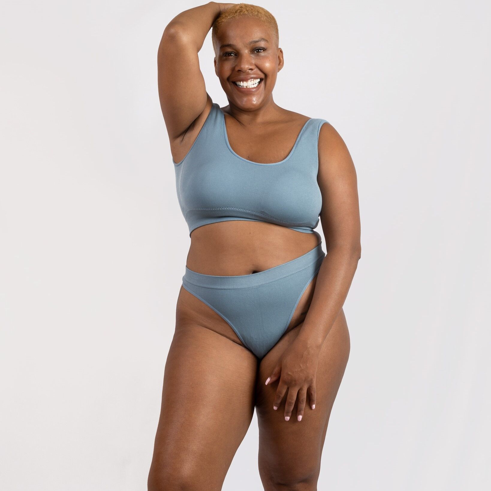 Plus Size women with seamless Blue bra and g string
